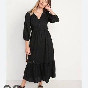 Old Navy Tie Neck 3/4 Sleeve All Day Maxi Swing Dress Black Womens Small